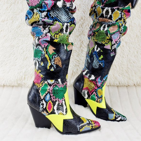 Kelsey / Hilda Western Thigh high slouch cowboy boots Multi Color Snake - Picture 4 of 12